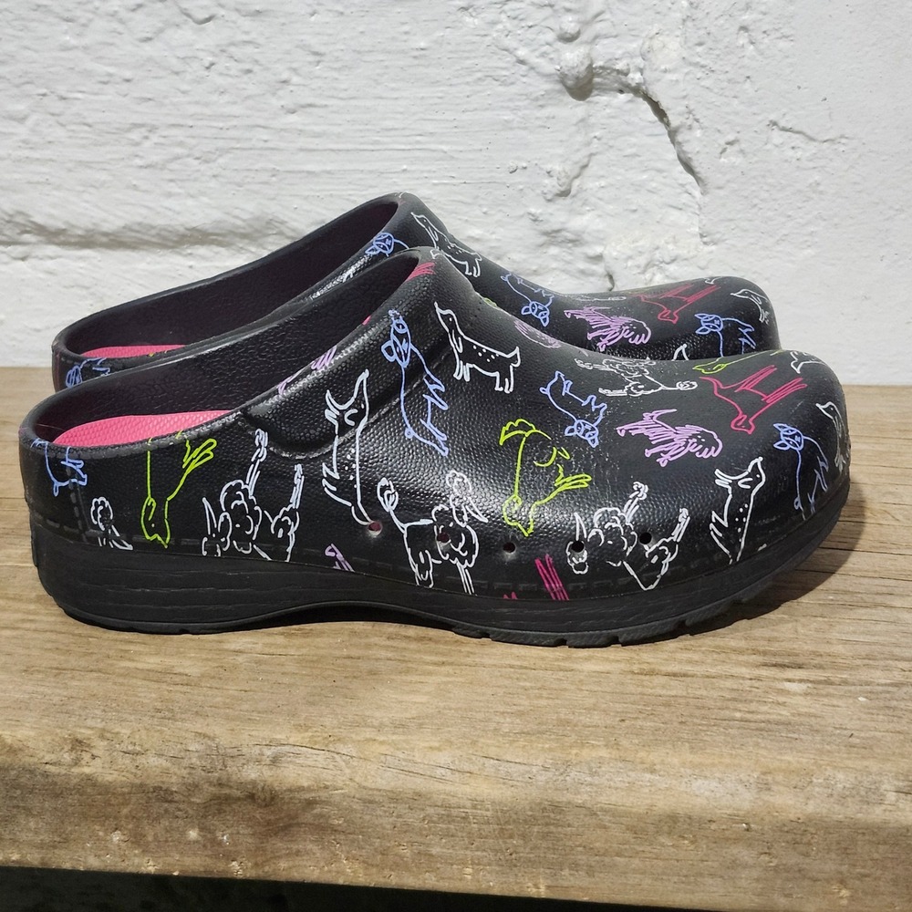 Dansko Kane Women Clogs Black Multi Color Dog Sketch Print Slip On Shoes Size 37